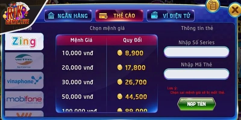Nạp thông qua thẻ cào điện thoại
